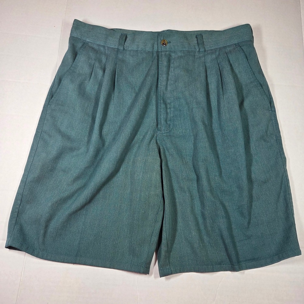 Vintage Bugle Boy Co Mens Pleated Shorts Teal Green Size 36 Casual Retro 90s